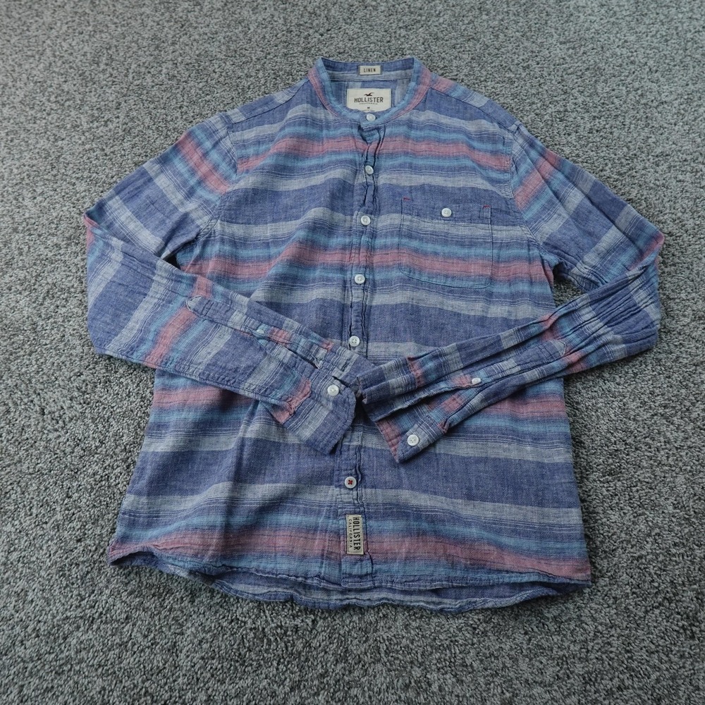 Hollister Shirt Mens M Blue Striped Linen Cotton Chambray Long Sleeve Button Up - Picture 2 of 9